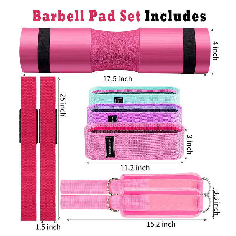 Barbell Pad Set for Squat,10 PCS Hip Thrusts Workout Foam Weight Lifting Bar Cushion with 2 Gym Ankle Straps,3 Hip Resistance Bands,2 Lifting Strap,Barbell Pad and Carry Bag Pink 9 PCS - BeesActive Australia