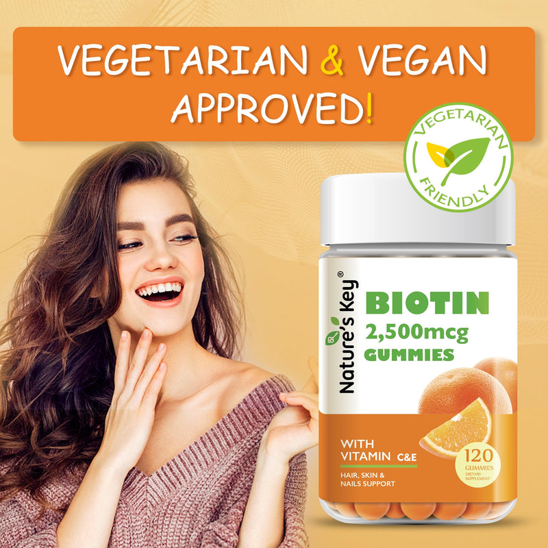 Nature's Key Biotin Gummies with Vitamin C and E, Support Hair Nails Growth & Beautiful Skin for Women Men and Kids, Vegan, Orange Flavors, 120 Count 120 Count (Pack of 1)