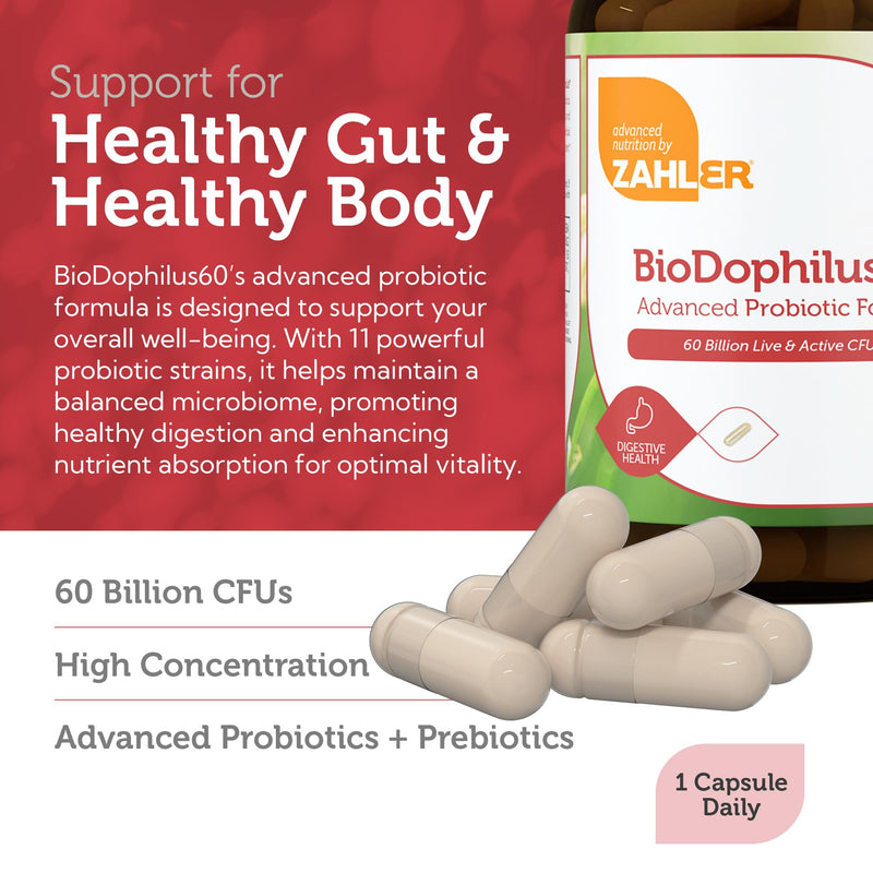Zahler Biodophilus, 60 Billion Live Cultures Per Serving, Supports Digestive Health,Certified Kosher, 30 Capsules 30 Count (Pack of 1)