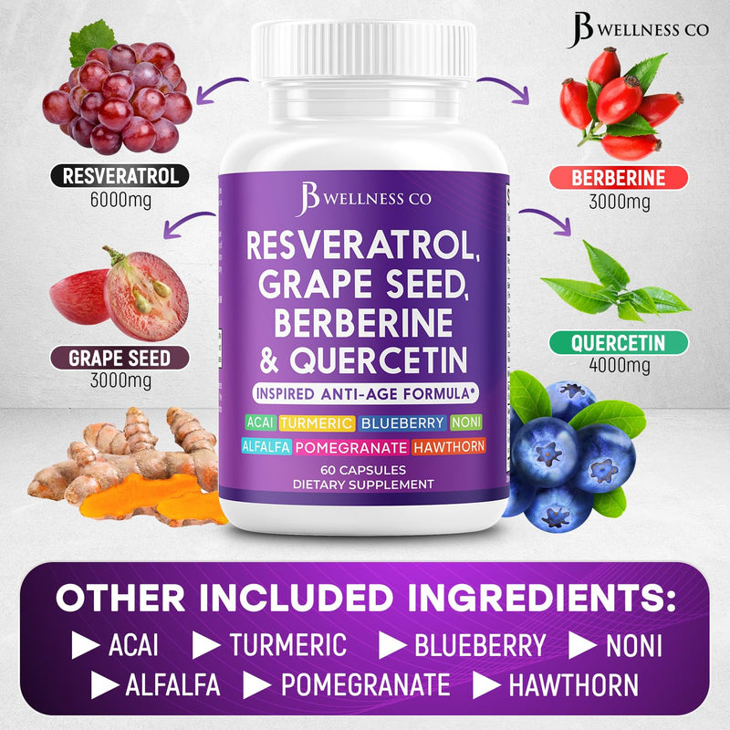 JB Wellness Resveratrol Grape Seed Extract, Berberine, Quercetin - Polyphenol Supplement for Women and Men with Noni, N-Acetyl Cysteine, Acai Extract - 60 Capsules 60 Count (Pack of 1)