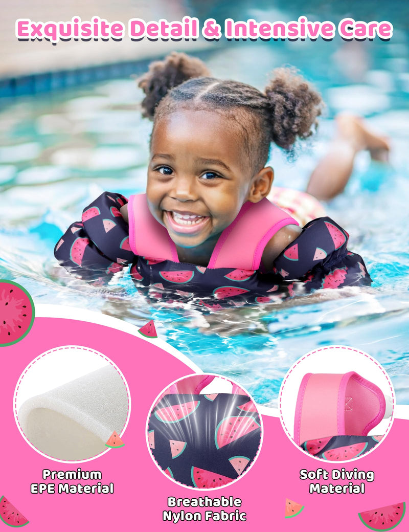 Vvinca Toddler Swim Vest for Kids 13-30lbs/ 30-66lbs Boys Girls Puddle Kid Jumper Toddlers Pool Floaties Jacket with Adjustable Crotch Strap Sleeves Shoulder for 1-3-10 Yrs Baby Infant Learn to Swim 01-Watermelon S（13-30lbs）