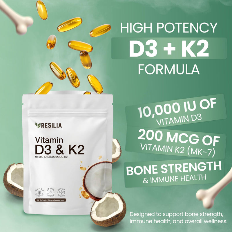 Resilia D3 K2 Vitamin 10000 IU + MK-7 200 mcg – High Potency Softgels with Coconut Oil for Maximum Absorption – Supports Bone Strength, Heart Health & Immune System – (30 Count)