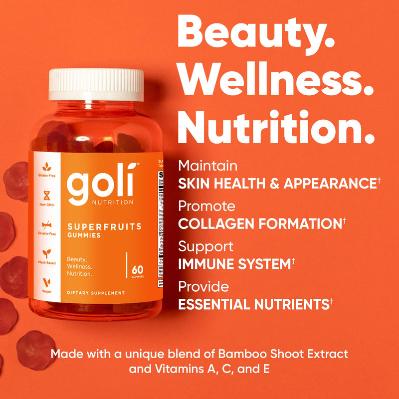 Goli Superfruits Beauty Gummies with Bamboo Silica - Vitamins A, C, E, Zinc - Collagen Support with Superfruit Blend - Vegan, Non-GMO, Gluten-Free, 120 Count (2 Pack) 60 Count (Pack of 2)