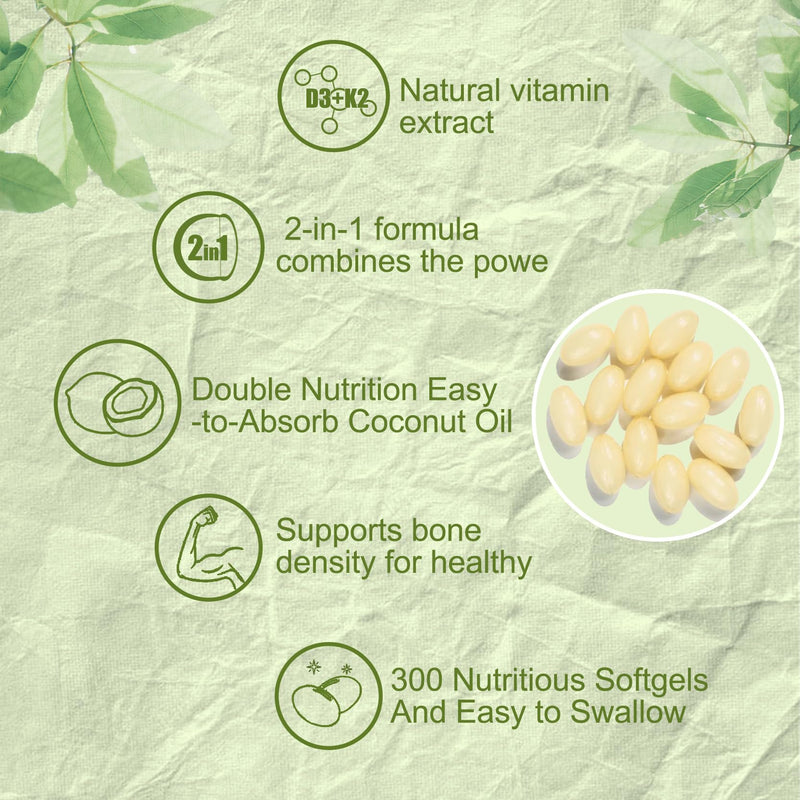 300 Pcs 2 in 1 Vitamin D3 10000 iu Plus K2 (MK-7) 200 mcg, Coconut Oil Softgels with Vitamins D & K, Supports Bone, Heart & Immune Health - Easy to Swallow & Non-GMO