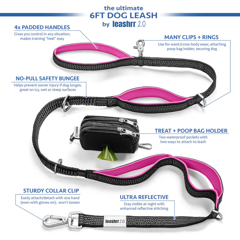 No Pull Dog Leash for Large Dogs – 6ft Highly Reflective Bungee, Heavy Duty Leash for Large Dogs, 4 Padded Handles, Strong Carabiner Clip & Rings, Includes Poop Bag Holder & Treat Pouch (Purple) Purple