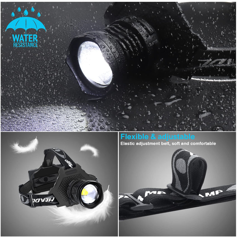 Bud K LED Headlamp USB Rechargeable, Head Lamp XHP70 Super Bright 1080 Lumen with 5 Modes, Batteries Included, Zoomable, Waterproof Headlight for Camping Hunting Running Fishing Biking Black