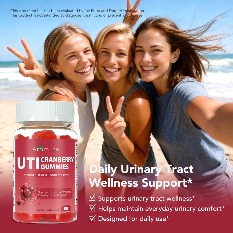 Aromlife Cranberry Gummies for UTI & Bladder, Natural Urinary Wellness Gummies with Vitamin C, Prebiotic Fiber & Probiotic for Adults, 60 Count Berrylicious Flavor Cranberry Vitamin Gummy Sugar Free