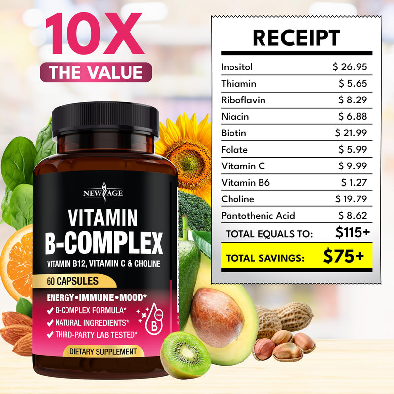 Vitamin B Complex for Men & Women - Made in USA - B-Complex: B1, B2, B3, B5, B6, B7, B8, B9, B12 with Vitamin C, Choline, Inositol - Energy, Brain & Heart Support Supplement - 60 Vegan Capsules 60 Count (Pack of 1)
