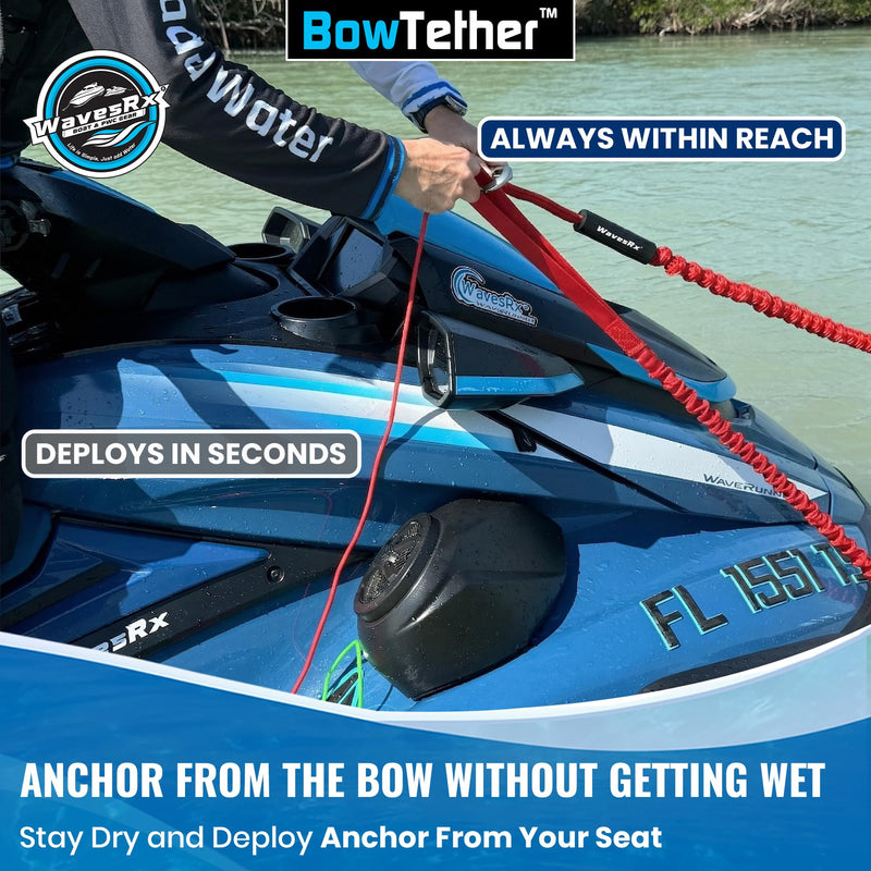 WAVESRX BowTether PWC Anchor and Dock Line - Shock Absorbing Elastic Bungee Rope Stretches 4 to 6 FT - Mooring Tether Pre Attached to Jet Ski Bow Eye for Quick Anchoring and Easy Docking Nautical Red