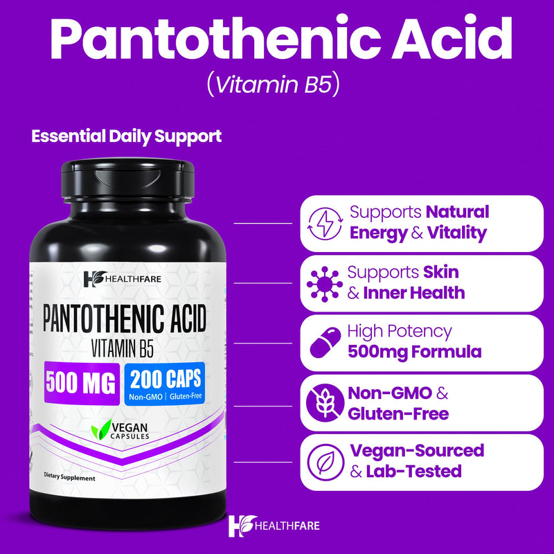 Healthfare Pantothenic Acid 500mg Vitamin B5 Supplement | 200 Vegan Capsules | Extra Strength Energy & Metabolism Support | Non-GMO, Gluten-Free | Made in USA 200 Count (Pack of 1)