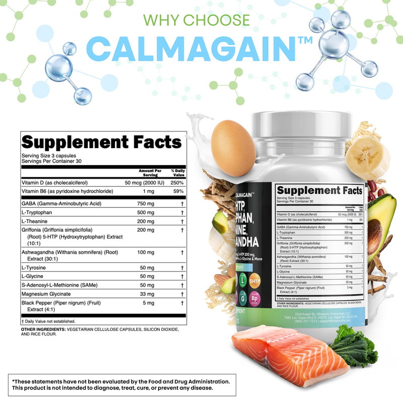 Clean Nutraceuticals GABA 750mg 5 HTP 200mg L Tryptophan 500mg L Theanine 200mg Ashwagandha SAM-e L-Glycine - Mood Support Vitamins for Women and Men with L-Tyrosine (90 Count (Pack of 3)) 30 Count (Pack of 3)