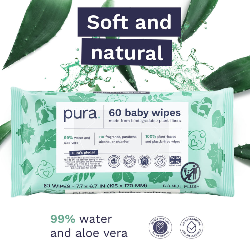 Pura Baby Wipes - 100% Plastic-Free & Plant Based Wipes, 99% Water, Suitable for Sensitive & Eczema-prone Skin, Fragrance Free & Hypoallergenic, Cruelty Free, EWG Verified, 1 Pack of 60 Wet Wipes 60 Count (Pack of 1) - BeesActive Australia