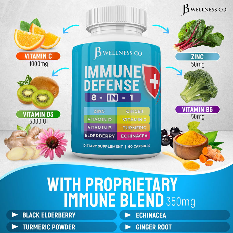 JB Wellness Co Immune Support 8 in 1 Capsules - Zinc Supplement, Vitamin D3, Vitamin C and Elderberry - Immune Booster Supplement with Echinacea, Ginger Root, and Turmeric - [3-Pack, 180 Count] 180 Capsules (Pack of 3)
