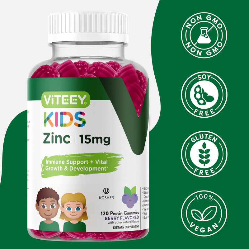 Viteey Zinc for Kids Gummies - 15mg - Tasty Chewable Berry Flavor Gummy | Immune Support - Powerful Natural Antioxidant, Kids Zinc Vitamin Supplement - Vegan, Gelatin Free, Gluten Free - 120 Count 120 Count (Pack of 1)