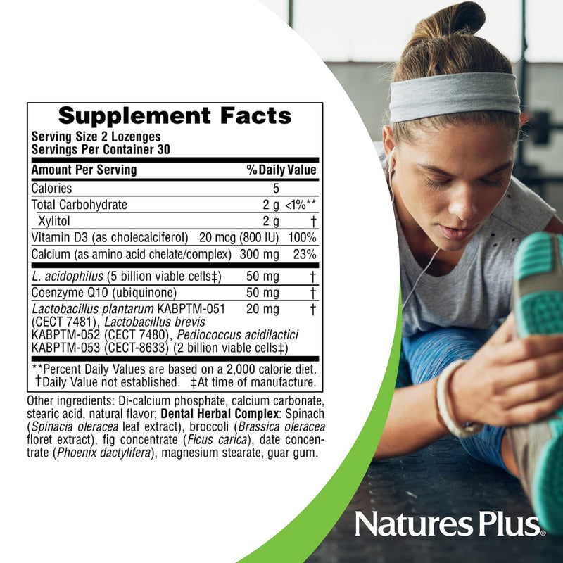 NaturesPlus Adult’s Dental Care Probiotic - 60 Lozenges - Supplement for Teeth & Gum Health - Peppermint Flavor - 30 Servings