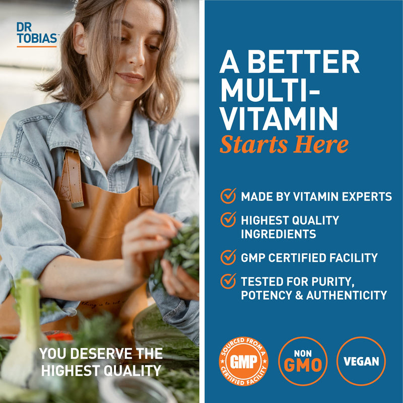 Dr. Tobias Adult Multivitamin for Women & Men 180 Count | Daily Energy & Immune Support | Vitamin Supplement with 42 Fruits & Vegetables + Probiotic + Enzymes | Vegan | 60 Servings 180 Count (Pack of 1)