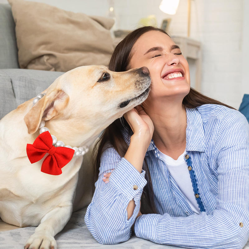 LEIFIDE Chunky Pearl Dog Necklace with Red Bow 20mm Large Bead Pearl Dog Collar Big Pearl Collar Adjustable Necklace Jewellery Accessories for Medium Large Dog Clothing Outfit Xmas Gift(20 Inch Long) - BeesActive Australia