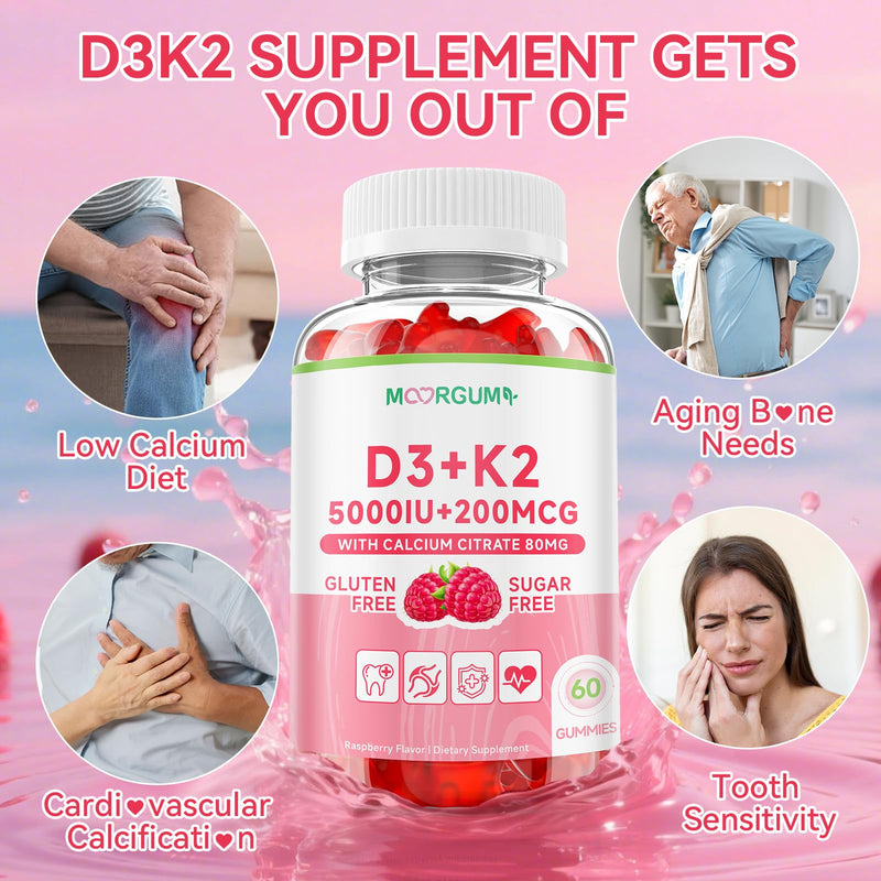 Vitamin D3 K2 Gummies with 5000IU D3, 200mcg K2 (MK-4 & MK-7 Blend), 80mg Calcium, Supports Calcium Absorption, Bone Health & Immune Support, Raspberry Flavor, 60 Count