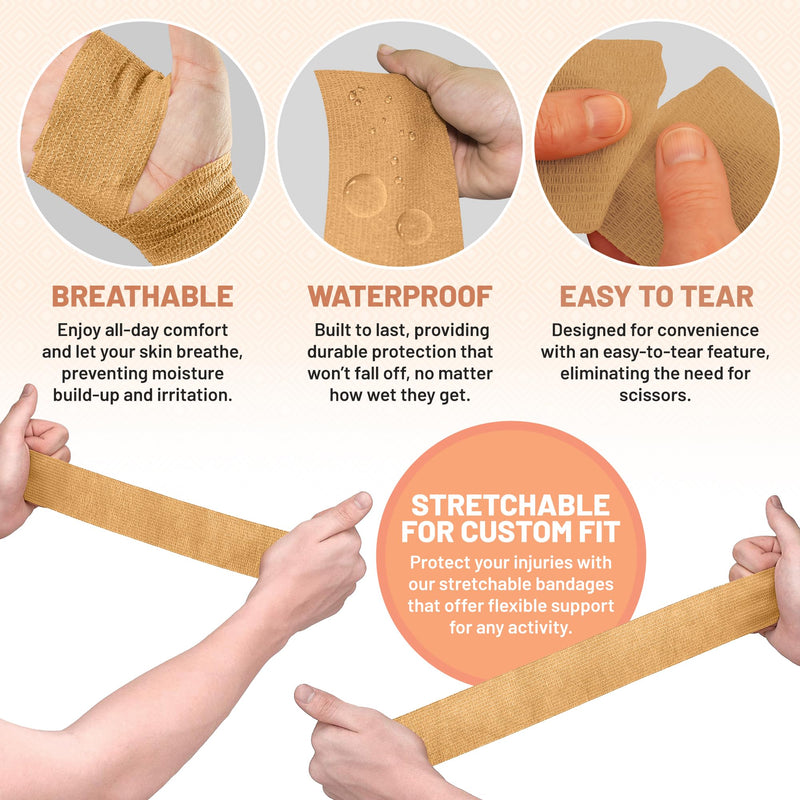 Self Adherent Wrap - Bulk Pack of 6, Athletic Tape Rolls and Sports Wraps, Self Cohesive Non-Woven Adhesive Bandage (3 in x 5 Yards) for Ankle Sprains & Swelling 6 Count (Pack of 1) Beige - BeesActive Australia