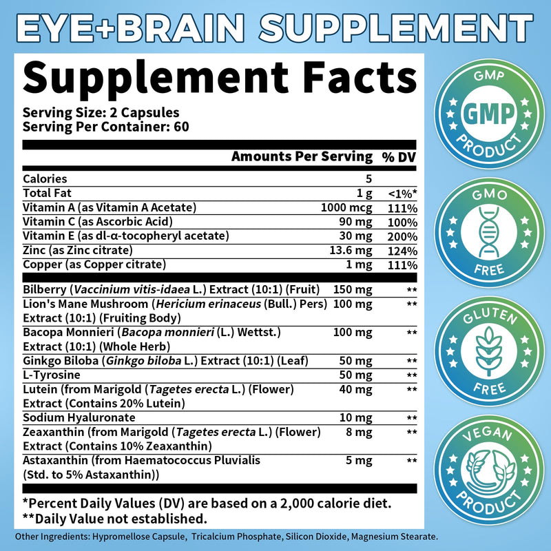 Eye Brain Supplement for Memory & Focus 40mg Lutein Eye Supplements 2 Pack | 14 in 1 Eye Vitamins for Seniors, With Zeaxanthin, Bilberry, Ginkgo Biloba, Lion's Mane & Bacopa Monnieri, Dry Eye Relief 120 Count (Pack of 2)