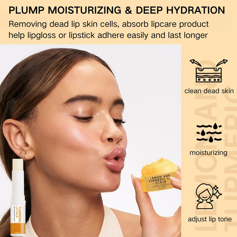 3PCS Turmeric and Lemon Lip Scrub & Turmeric Lip Balm with Brush Set, Eliminate Lip Fine Lines, Lip Scrubber Exfoliator, Natural Nourish Sugar Lip Scrub for Dry, Dull Chapped, Dark Lips