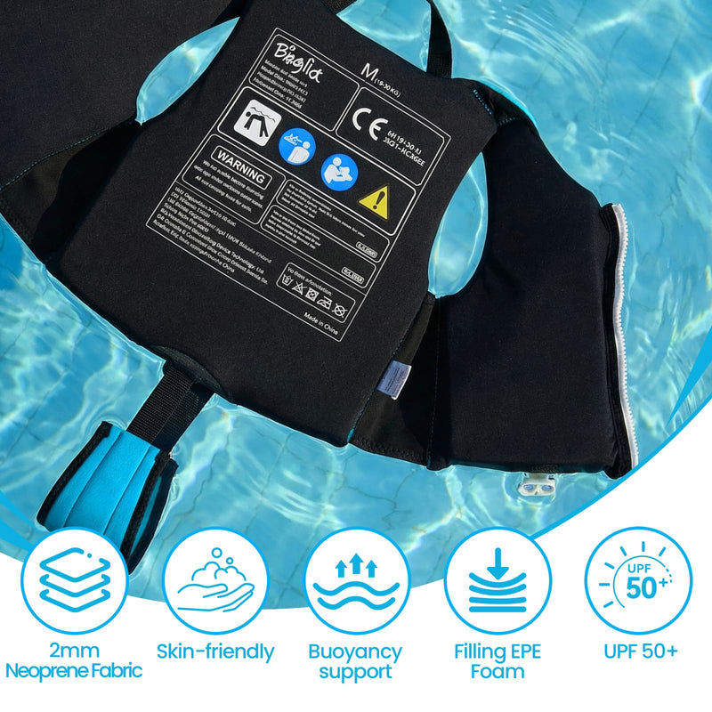 Boglia Toddler Swim Vests Jackets for Kids 20-30/30-50/50-90 Lbs 2 3 4 5 6 7 8 9yrs Infant Flaotie Boys Girls Pool Vest Neoprene Swimming Body Glove Float Vest PFD Learn to Swim Bubble Blue Black L(Age Recommend 7-9 Years)
