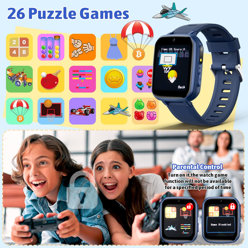 zicor Kids Game Watch Gift with 26 Puzzle Games, Dual Camera, Personal Video Players, Pedometer, Video Recorder, Flashlight, Alarm Clock, Toy for Boys Girls Age 4-12 Years Old, Birthday Gift Blue