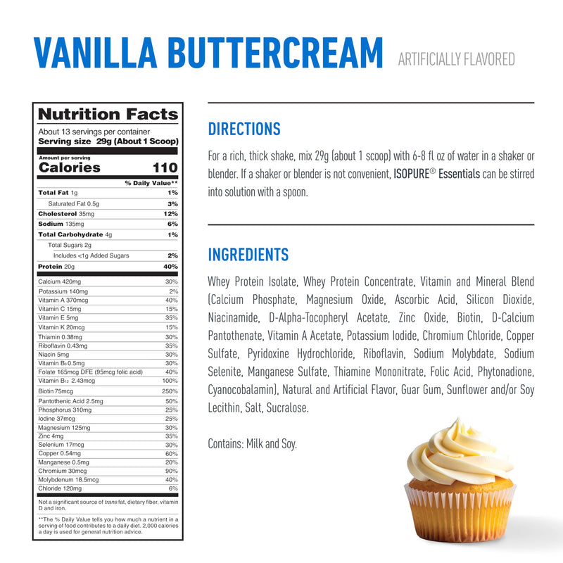 Isopure Essentials 100% Whey Protein Powder, with Vitamins, 20g Protein Per Serving, Vanilla Buttercream, 13 Servings (Pack of 1) | 20g Complete Whey Protein Per Serving, with Added Vitamins for Immune Support & Muscle Recovery, Decadent Rich Flavor