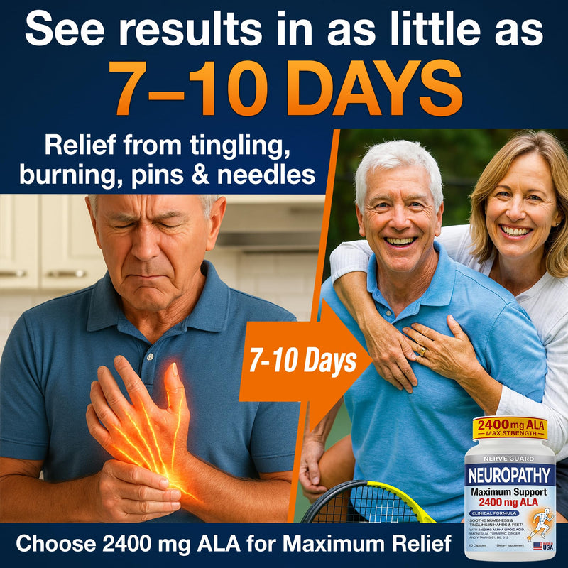 Nerve Relief Neuropathy Sciatica Support Supplement with 2400 mg Alpha Lipoic Acid to Reduce Nerve Discomfort in Feet Hands Toes – 2400mg ALA, Vitamins B12 B6 & B1, Magnesium, Turmeric – 60 Capsules White-radiant