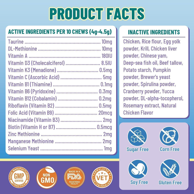 Taurine for Cats Vitamins Treats, 16 in 1 Cat Multivitamin 500 Crunchy & Krill Chews Support Immune, Joint, Digestion, Skin & Coat, Cat Vitamins Taurine Supplements for Daily Healthy (90-Day Supply)