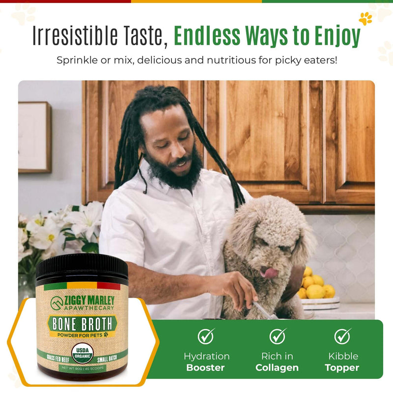 Ziggy Marley's USDA Organic Beef Bone Broth Powder for Dogs & Cats - Support Joints, Coat, and Skin - Human Grade Grass Fed Beef, 90 Grams 90 Grams Jar