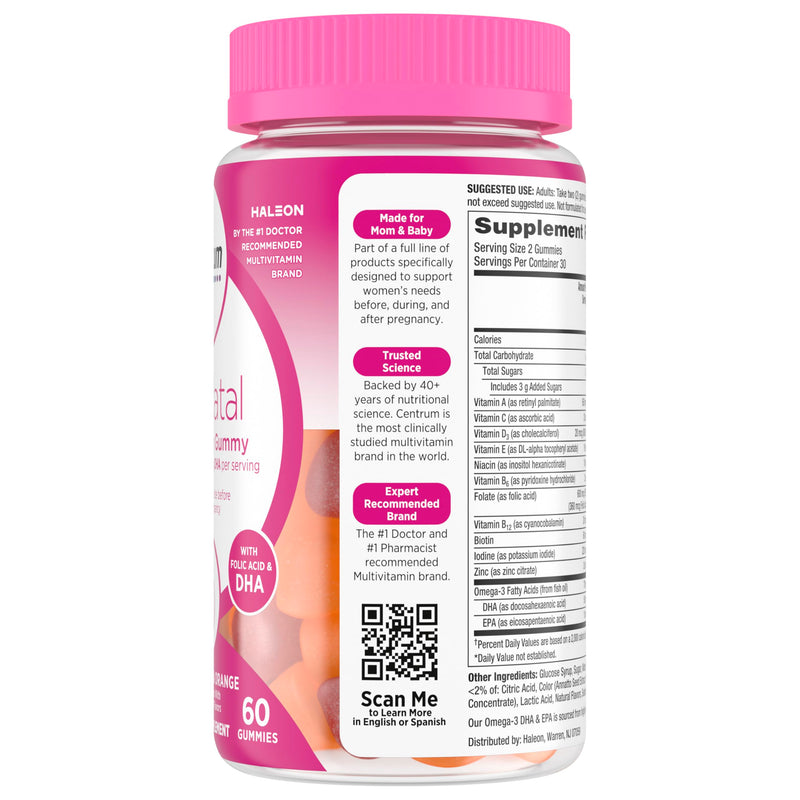Centrum Prenatal Multivitamin Gummies, 60 Count | Prenatal Vitamin D Gummies with DHA, Folic Acid, Iodine and Other Essential Nutrients, Gluten Free, Non-GMO Ingredients 1 Count (Pack of 60)