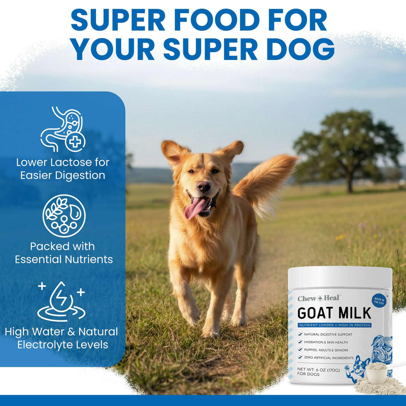 Chew + Heal Labs Goat Milk Powder for Dogs - 6oz of Nutrient Loaded Milk for Puppy, Adult, and Senior Dogs - Good for Muscle, Bone, and Heart Health - Protein Rich with No Additives - Made in the USA