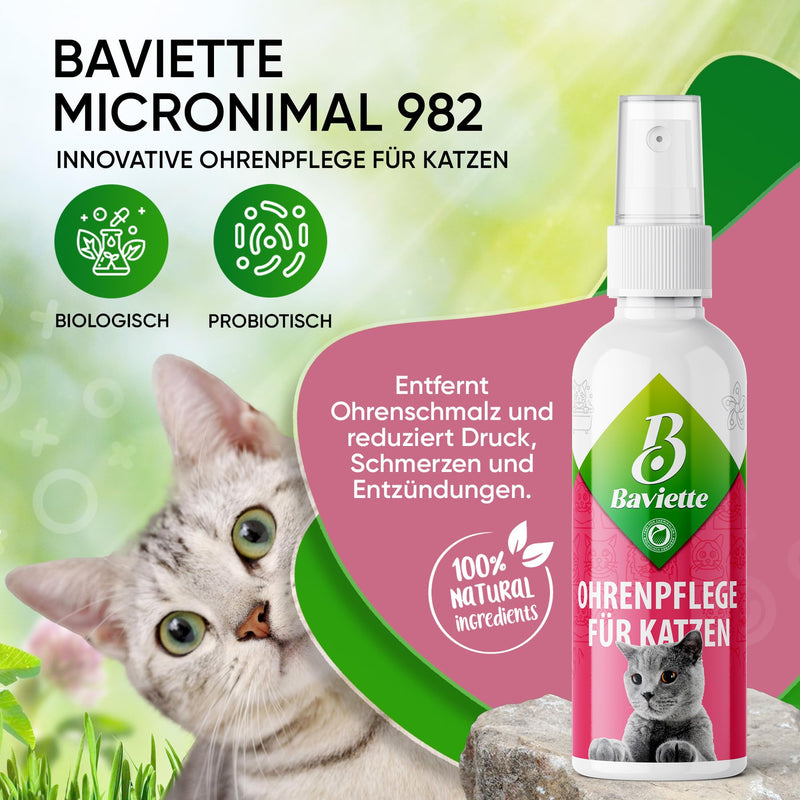 Baviette Cat Care – 100 ml Natural Ear Cleaner for Cats – Care Spray with Microorganisms, Probiotic-Inspired – For Outer Ear Care – Odourless, Alcohol-Free & pH-Neutral