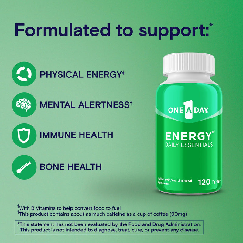 A Day Energy Daily Essentials Multivitamin, Energy Supplement to Support Mental Alertness and Immune Health with Vitamins A C, D, E, Zinc and Caffeine, 120 Count (Pack of 2) 120 Count (Pack of 2)