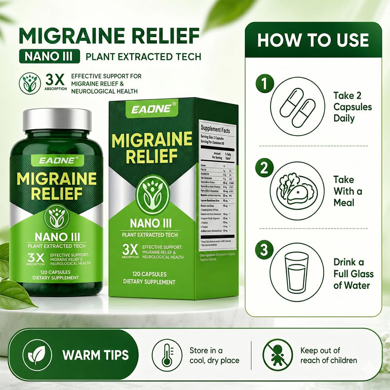 Headache Comfort Supplement, Natural Cranial Relaxation Formula with Magnesium Glycinate, CoQ10, Riboflavin Vitamin B2, B6 & B12, Supports Daily Neurological Balance and Mental Clarity, 120 Capsules