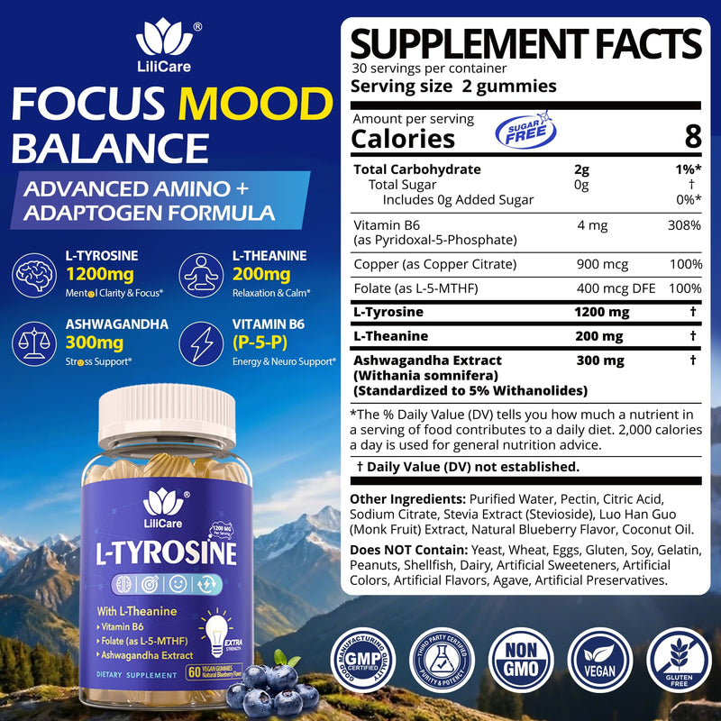 L Tyrosine Gummies 1200MG, Cortisol Reducer Supplements for Women Men 120Ct | L-Tyrosine Calm & Focus Gummies w/ L-Theanine, Ashwagandha, Vitamin B6 & B9 for Relaxation, Mood, Memory, Energy - Vegan