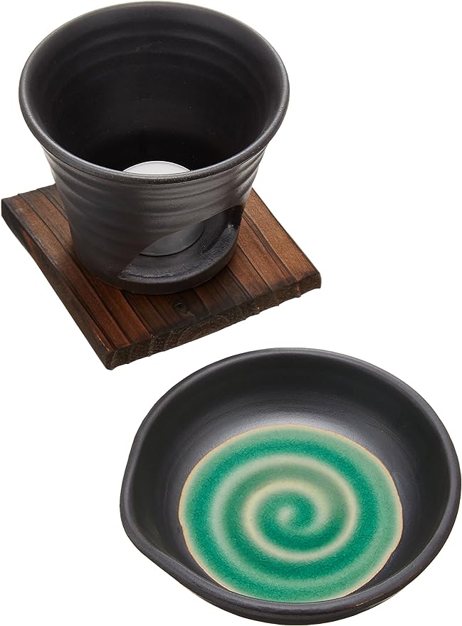 Incense Burner Black Glazed Tea Incense Burner (Green) [R11 8xh11 X H18.5 cm] Handmade Present Gift 和食 Charger Cute Decor - BeesActive Australia