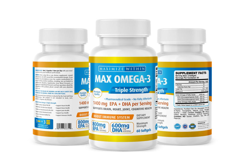 Maximum Slim Max Omega 3 Fish Oil Pills - Triple Strength Fish Oil Supplement (2000 mg Total Omega 3 Fatty Acids: 600mg DHA + 800 mg EPA per Serving)