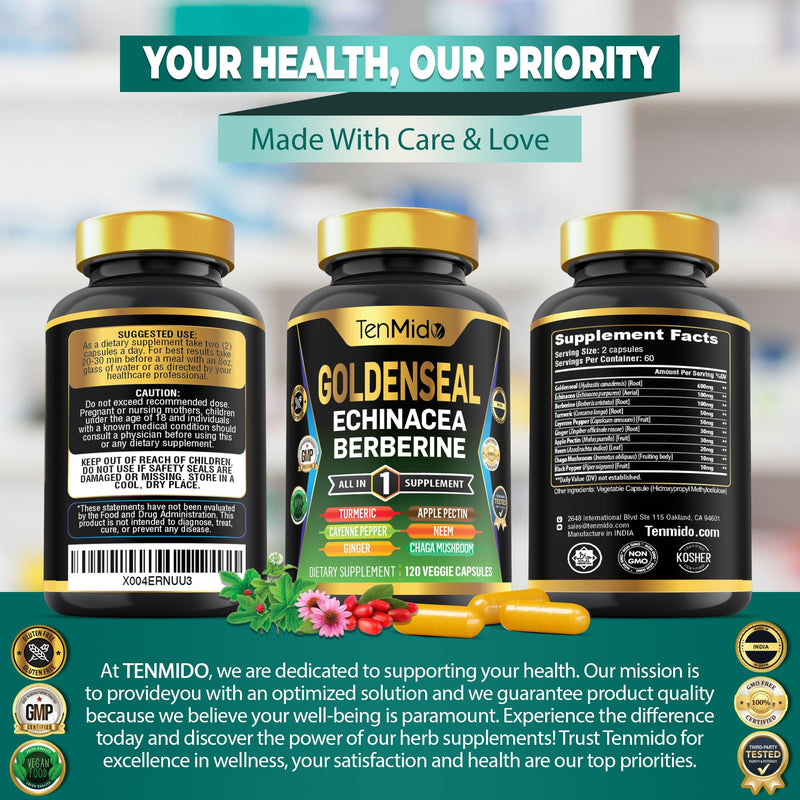 Goldenseal Root Supplement - 10in1 Formula - Combine with Echinacea, Berberine, Turmeric, Cayenne Pepper, Ginger, Apple Pectin, Neem, & More - Digestive Health Support - 120 Capsules