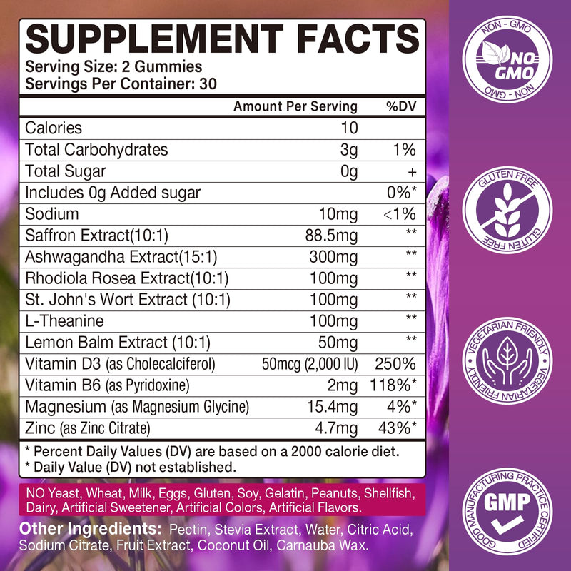 Saffron Supplements Gummies, 88.5mg Extract with Vitamin D3, B6, Magnesium, Ashwagandha, L-Theanine, Sugar-Free, Strawberry Flavor, 60 Count 1pack