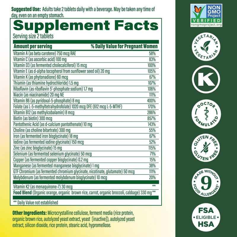 MegaFood Baby & Me 2 Prenatal Vitamins, Doctor Formulated, 120 Tablets | Prenatal Vitamins for Women with Methylfolate, Choline, Iron, Iodine, Vitamin C & D3, Non-GMO, Vegetarian, 60 Servings 120 Count (Pack of 1)