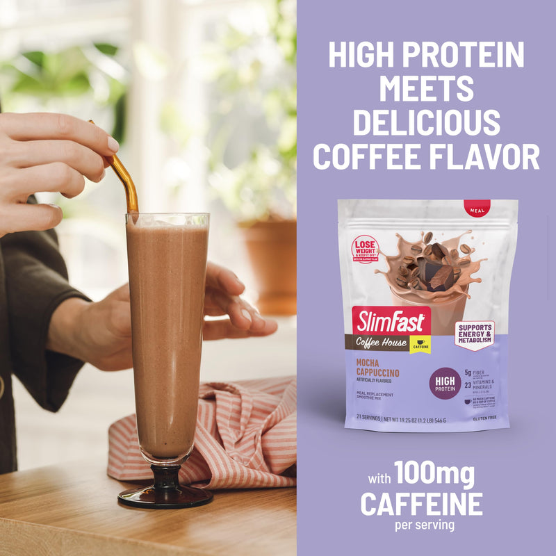 SlimFast High Protein Meal Replacement Powder, Caffeine Protein Powder, Energizing Protein Mix, Vitamin and Mineral Blend, Gluten Free, Coffee Flavored Protein Powder, Mocha Cappuccino, 21 Servings 19.25 Ounce (Pack of 1)