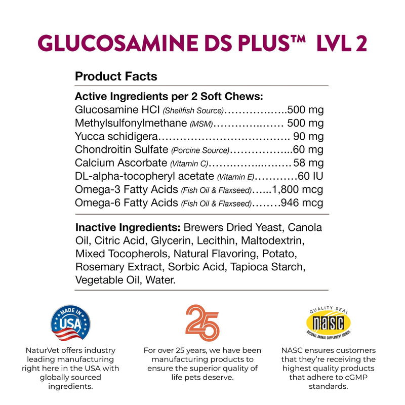 NaturVet – Glucosamine DS Plus - Level 2 Moderate Care – Supports Healthy Hip & Joint Function – Enhanced with Glucosamine, MSM & Chondroitin – for Dogs & Cats – 240 Soft Chews Glucosamine-DS Level 2 - BeesActive Australia