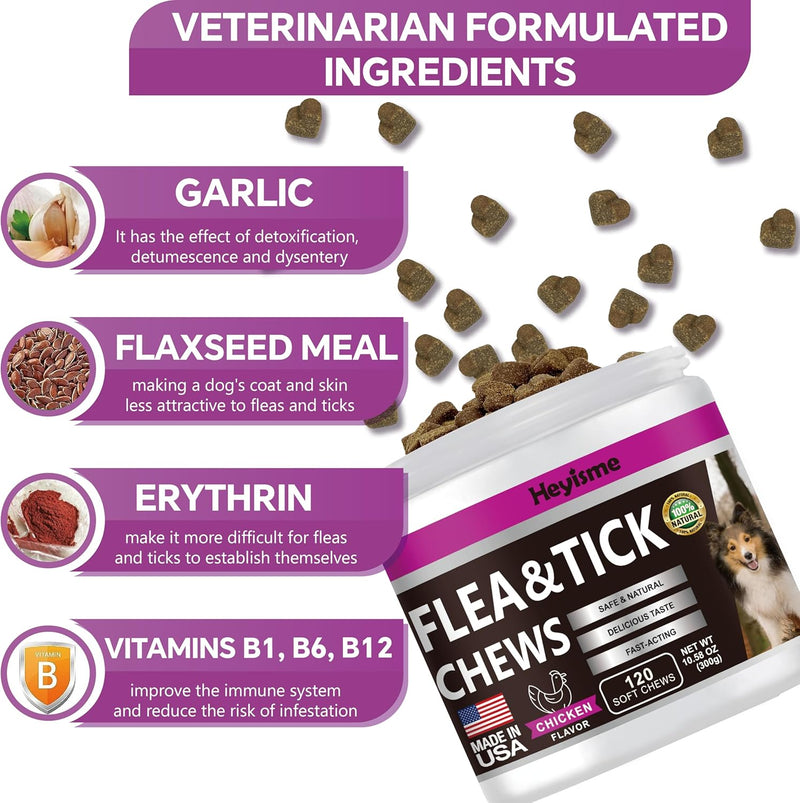 Flea and Tick Prevention for Dogs Chewables, Natural Dog Flea and Tick Control Supplement, Flea Treatment for Dogs, Oral Flea and Tick Chews Treats for All Breeds and Ages (Chicken, 120 Chews) Chicken - BeesActive Australia