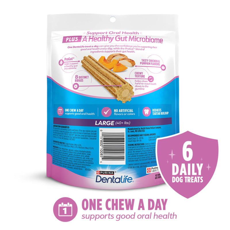 Dentalife Plus Digestive Support Dog Treats for Large Dogs 40 lbs. and up, Cleans Teeth, Freshens Breath, & Supports Healthy Gut, Chicken & Pumpkin Flavor, 7 oz., 6 Chews - 6 ct. Pouch (Pack of 2) 7 Ounce (Pack of 2)