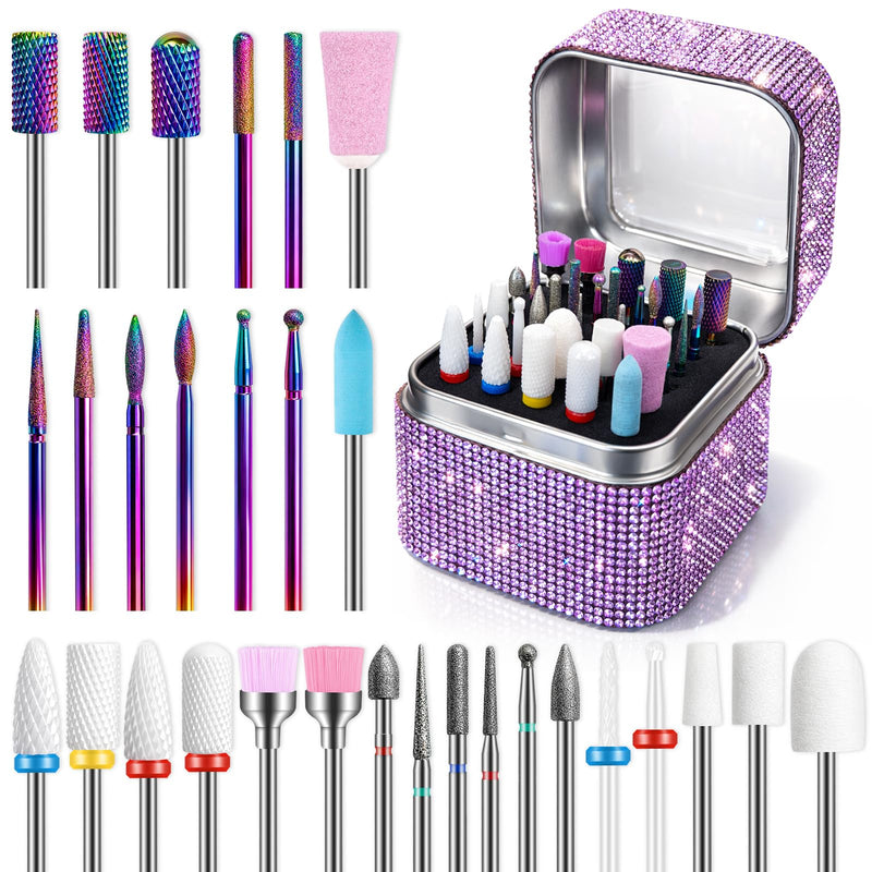 30PCS Nail Drill Bits Set with Holder Case: Professional 3/32" Diamond Ceramic Carbide Nail Bits for Acrylic Gel Polish Removal,Cuticle Care & Nail Art Tool Kit for Manicure Pedicure, Salon & Home Use Purple - BeesActive Australia