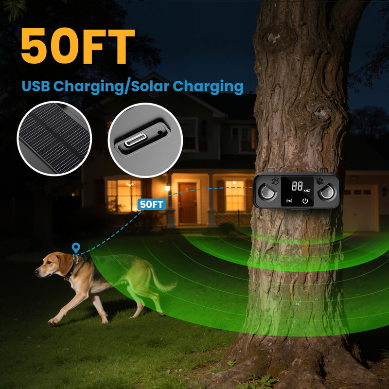Solar Ultrasonic Dog Bark Deterrent Device, Outdoor Waterproof Anti Barking Device for Dogs with 50ft Range, Sonic Bark Deterrent for Small Medium Large Dogs for Indoor and Outside Use Black