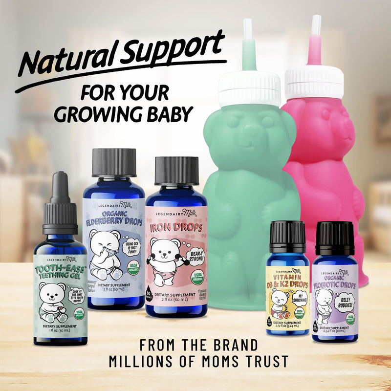 Legendairy Milk Organic Baby Elderberry Syrup Drops, Vitamin C & Zinc 2oz | Sugar-free multivitamin drops with Echinacea support daily immune health for babies 6 months+. Mixes easily with food