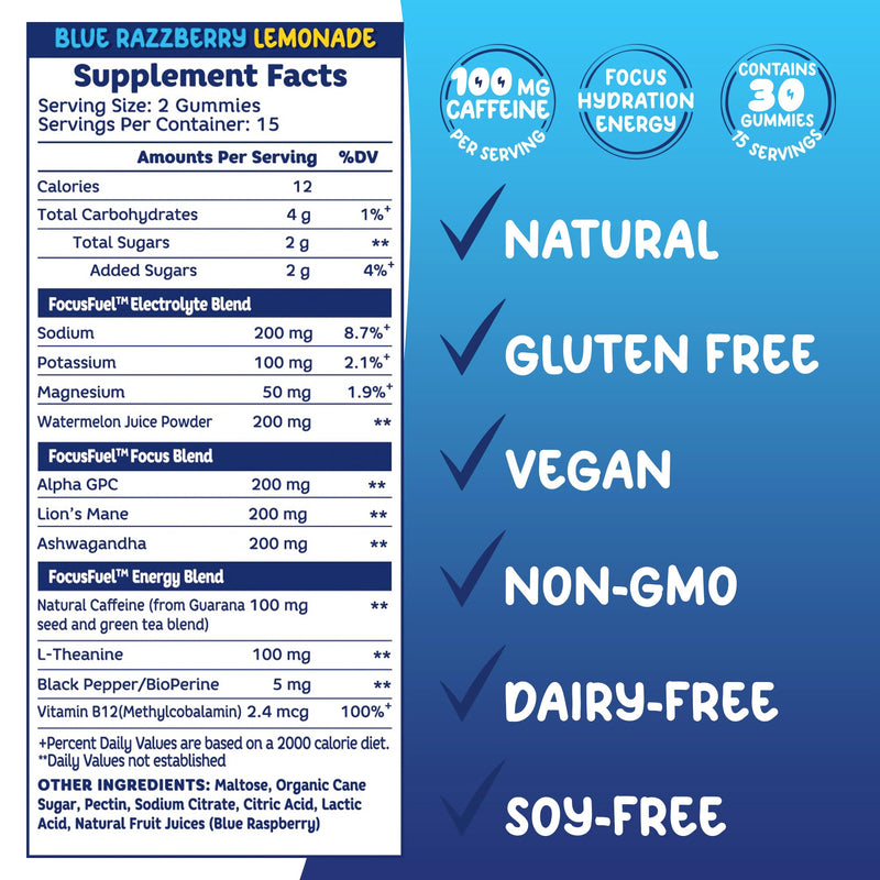 FocusFuel Energy Chews – Blue Razzberry Lemonade (15 Servings) – 100mg Caffeine + Alpha GPC + L-Theanine + B12, Magnesium – Great Taste – No Crash or Jitters | 100mg Caffeine, Alpha GPC, L-Theanine, B12, Magnesium, Great Taste, No Crash or Jitters